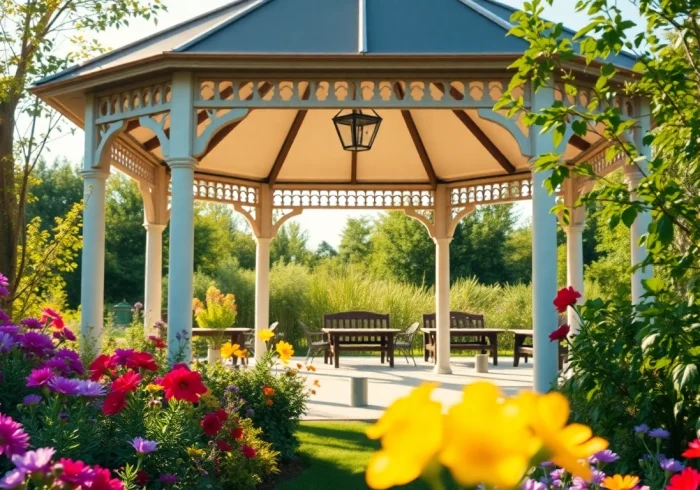 A beautifully designed gazebo in Ireland set in a lush garden, providing shelter and relaxation.