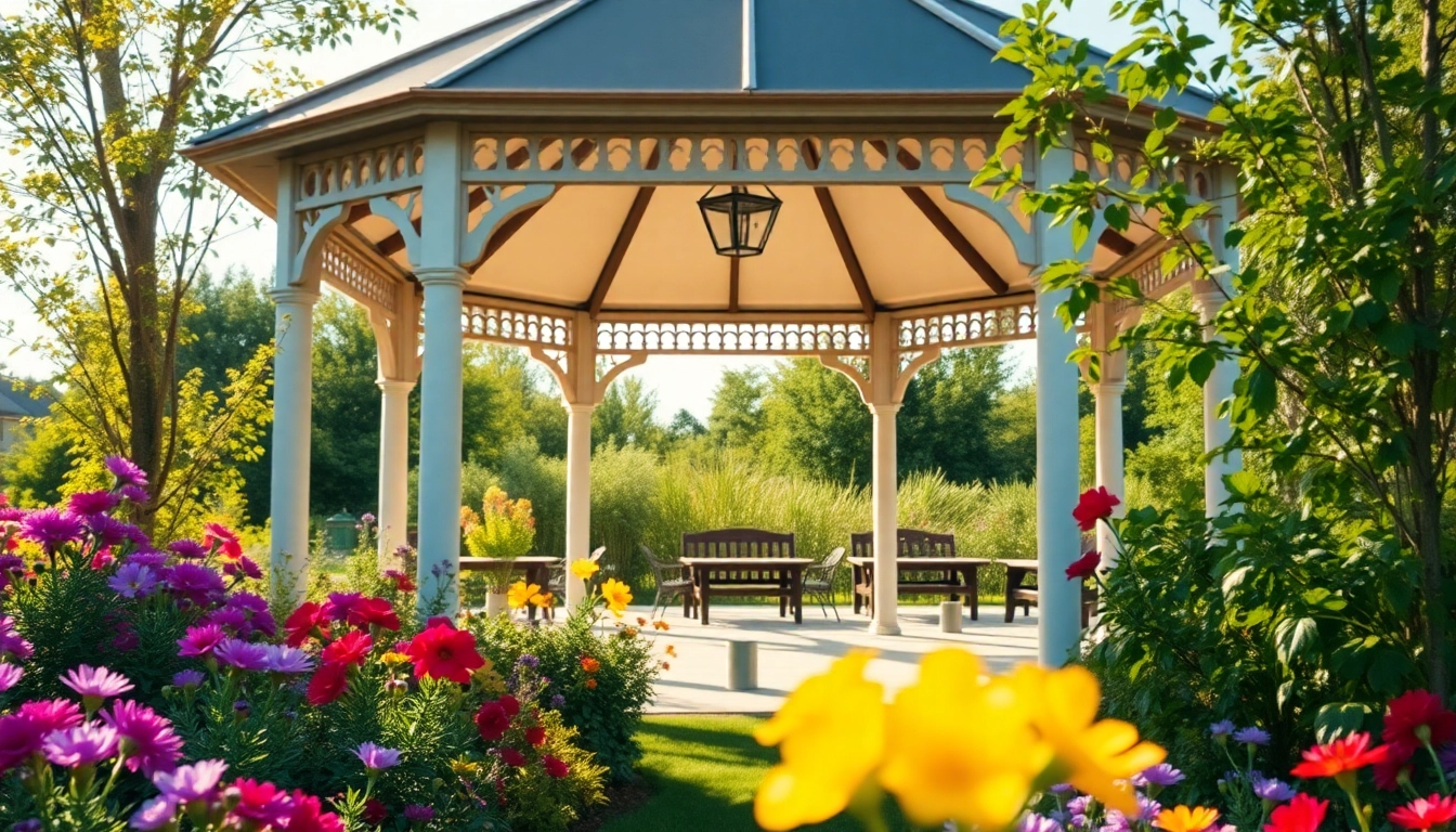 A beautifully designed gazebo in Ireland set in a lush garden, providing shelter and relaxation.