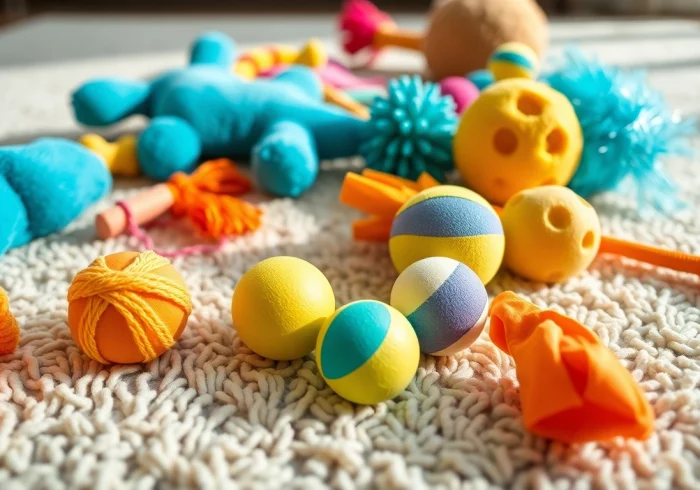 Engaging pet toys for dogs and cats, featuring colorful plush and rubber varieties for interactive play.