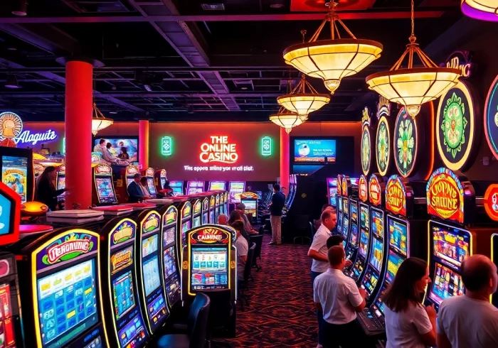 Excited players indulging in various slot online games at a vibrant casino setting.