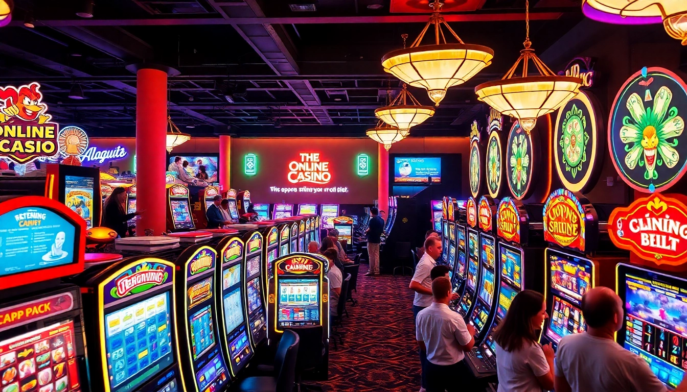 Excited players indulging in various slot online games at a vibrant casino setting.