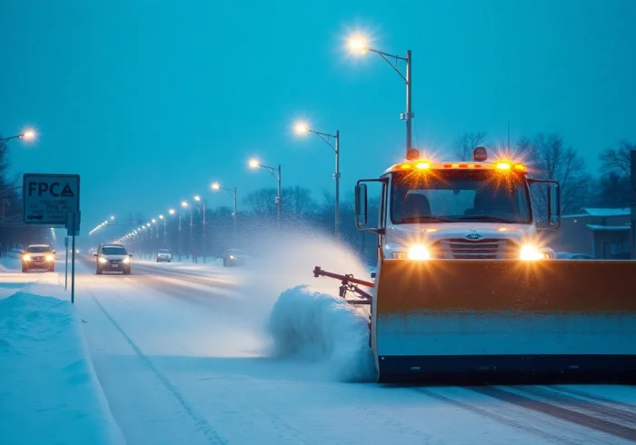 Snow plowing vehicle actively clearing a snow-covered street during winter evening.