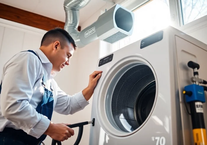 Technician performing dryer vent cleaning salt lake city to enhance home safety and efficiency.