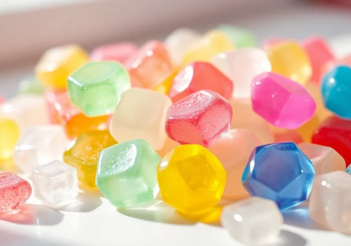 Enjoy a vibrant display of crystal candy highlighting its unique shapes and colors, enticing sweet lovers.