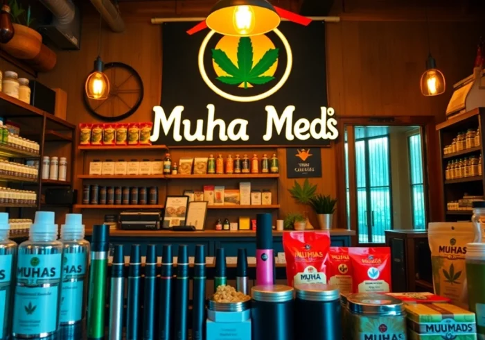 Shop Muha meds online shop with a variety of cannabis offerings displayed attractively in a warm setting.