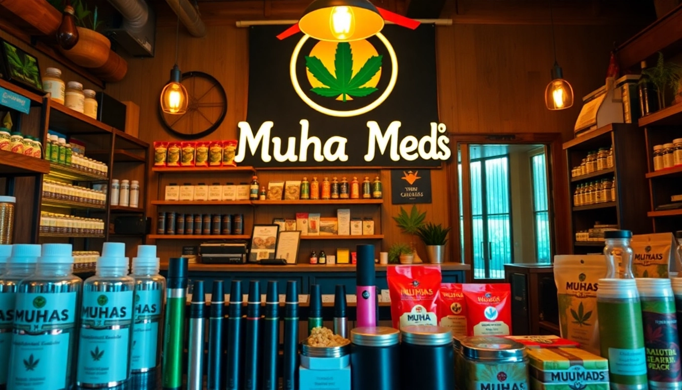 Shop Muha meds online shop with a variety of cannabis offerings displayed attractively in a warm setting.