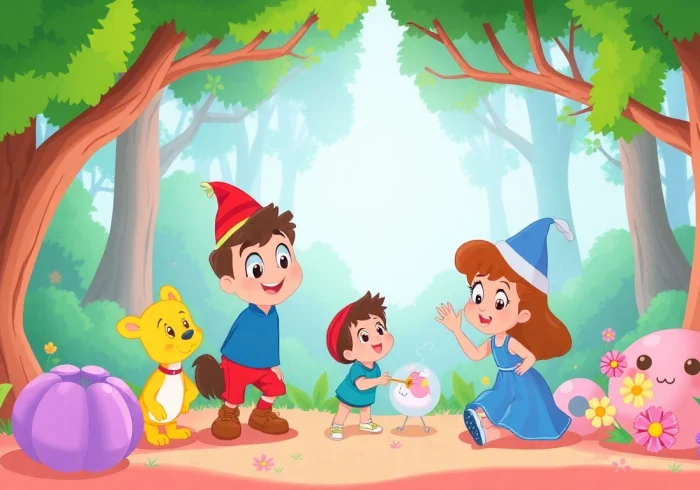 Watch enchanting scenes of public domain movies for kids featuring classic characters in a whimsical forest.