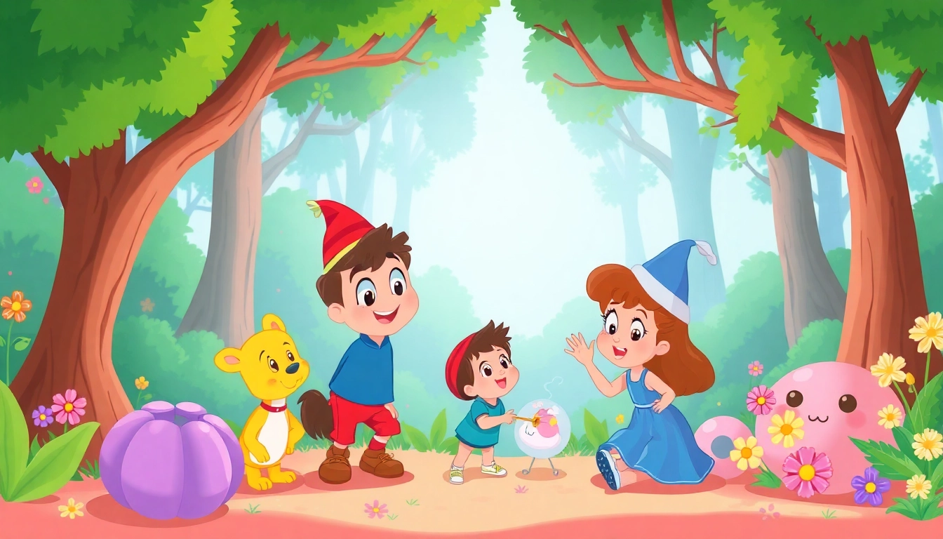 Watch enchanting scenes of public domain movies for kids featuring classic characters in a whimsical forest.