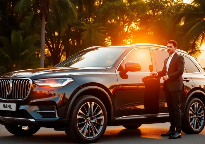 Experience a luxury hire car with driver Manila as a professional chauffeur stands beside a stylish black SUV in a tropical setting.