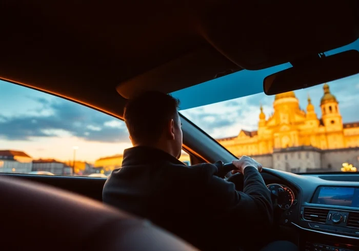 Professional driver hire Prague with a driver in a luxury vehicle near historic sites.