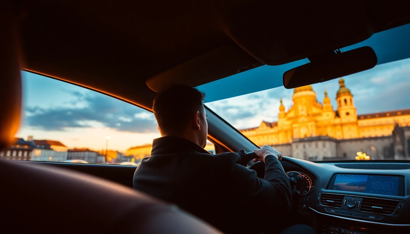 Professional driver hire Prague with a driver in a luxury vehicle near historic sites.