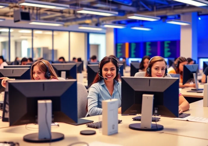 Agents collaborating in a call center in Tijuana with modern technology and vibrant atmosphere.