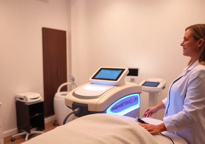 Practitioner preparing for noninvasive lipo treatment in a serene clinic setting.