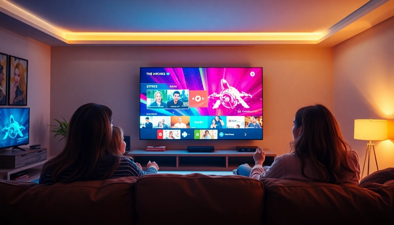 Experience a premium abonnement iptv with a family enjoying streaming shows in a cozy living room.