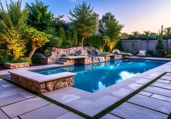 Enhance your outdoor space with exquisite hardscapes & pools, showcasing a stunning pool and landscaping design.