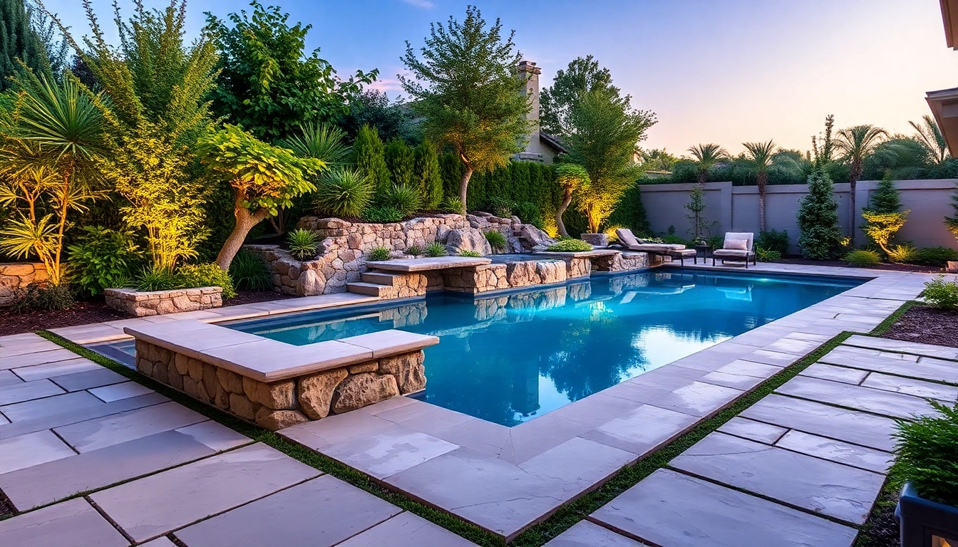 Enhance your outdoor space with exquisite hardscapes & pools, showcasing a stunning pool and landscaping design.