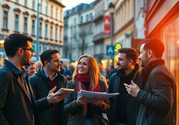 Entrepreneurs discussing Polonya'da Şirket Açmak in a vibrant Warsaw street setting.