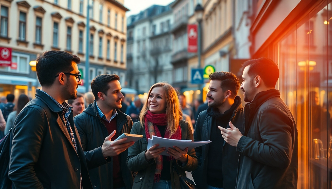 Entrepreneurs discussing Polonya'da Şirket Açmak in a vibrant Warsaw street setting.