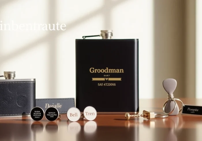 Showcasing cheap groomsmen gifts including personalized flasks and cufflinks for wedding parties.