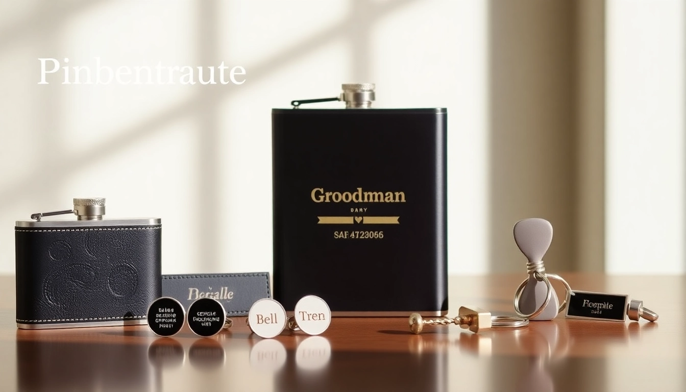 Showcasing cheap groomsmen gifts including personalized flasks and cufflinks for wedding parties.