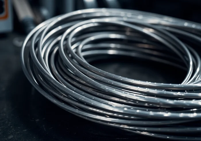 Coiled stainless steel wire showcasing its fine texture and shine in an industrial setting.