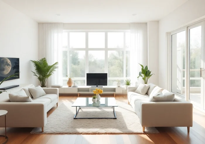 Bond cleaning Brisbane showcasing a beautifully spotless living room with modern decor and natural light.