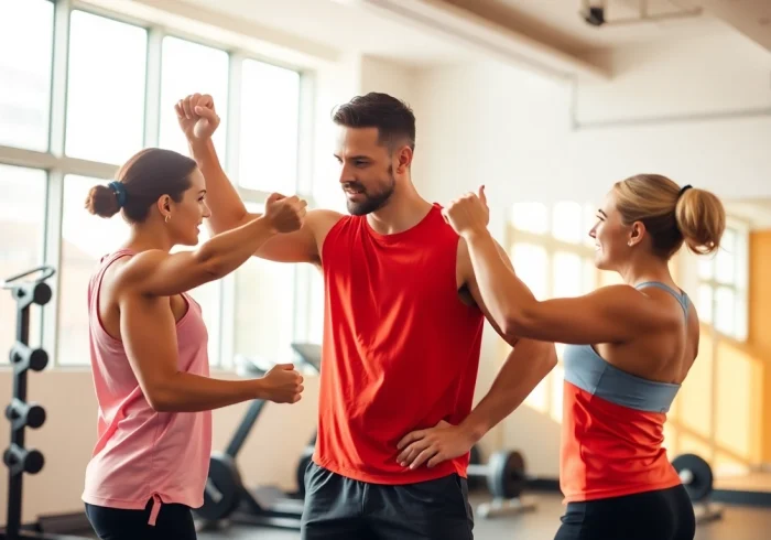 Effective Personal Trainer guiding a client through an exercise routine in a well-lit gym.