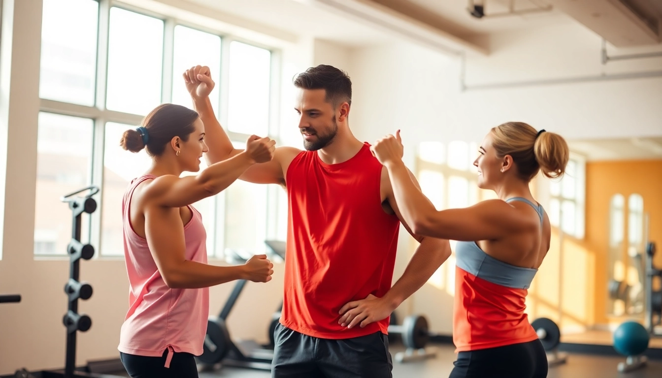 Effective Personal Trainer guiding a client through an exercise routine in a well-lit gym.