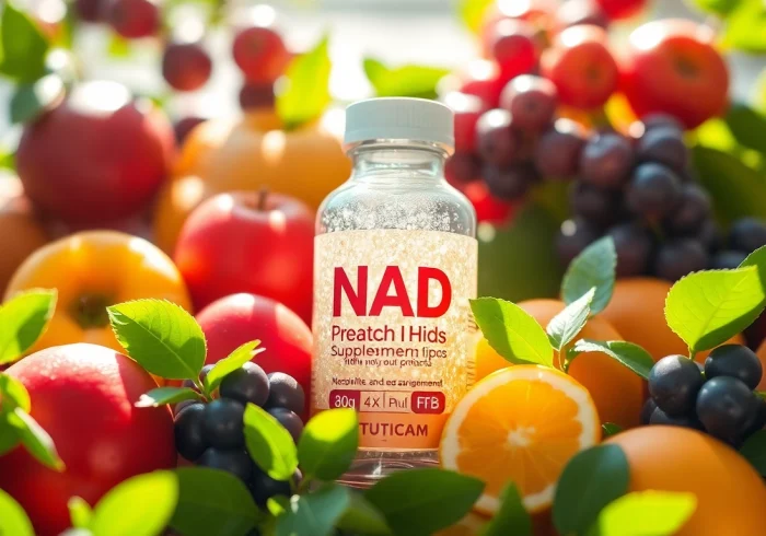 Highlight the benefits of NAD Supplement with a refreshing bottle showcased among colorful fruits and greenery.