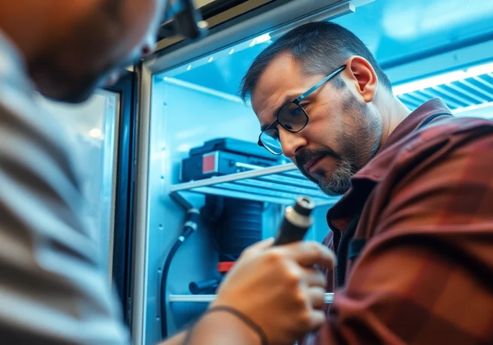 Technician performing soda cooler repair in a workshop, showcasing detailed work with tools.