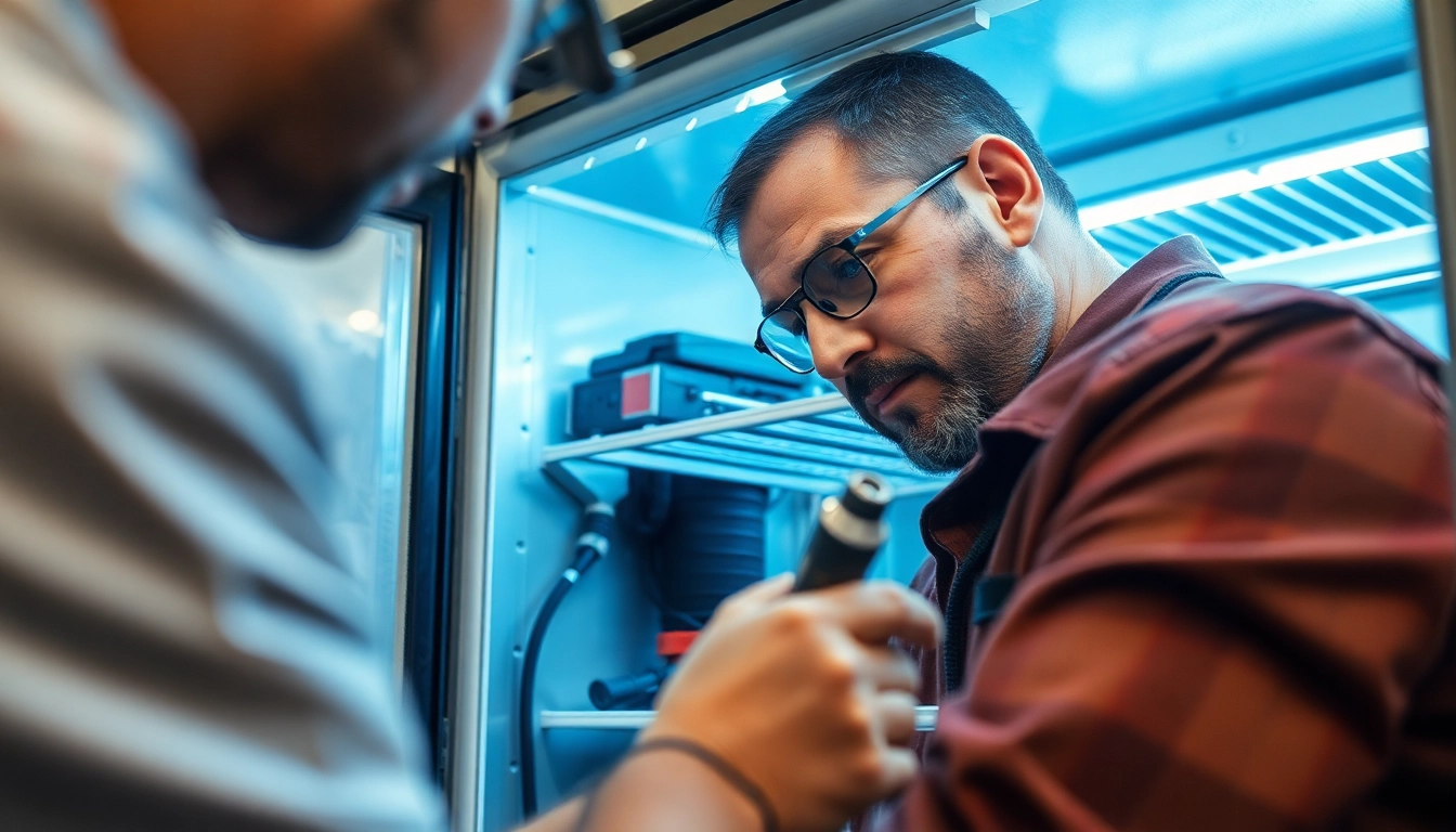 Technician performing soda cooler repair in a workshop, showcasing detailed work with tools.