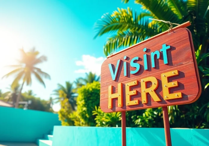 Engage with the inviting 'Visit Here' sign amidst lush greenery, perfect for travelers seeking new experiences.