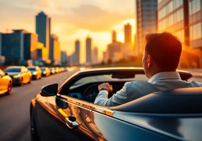 Experience a luxury hire car with driver Manila, featuring a sleek vehicle against the vibrant city backdrop.