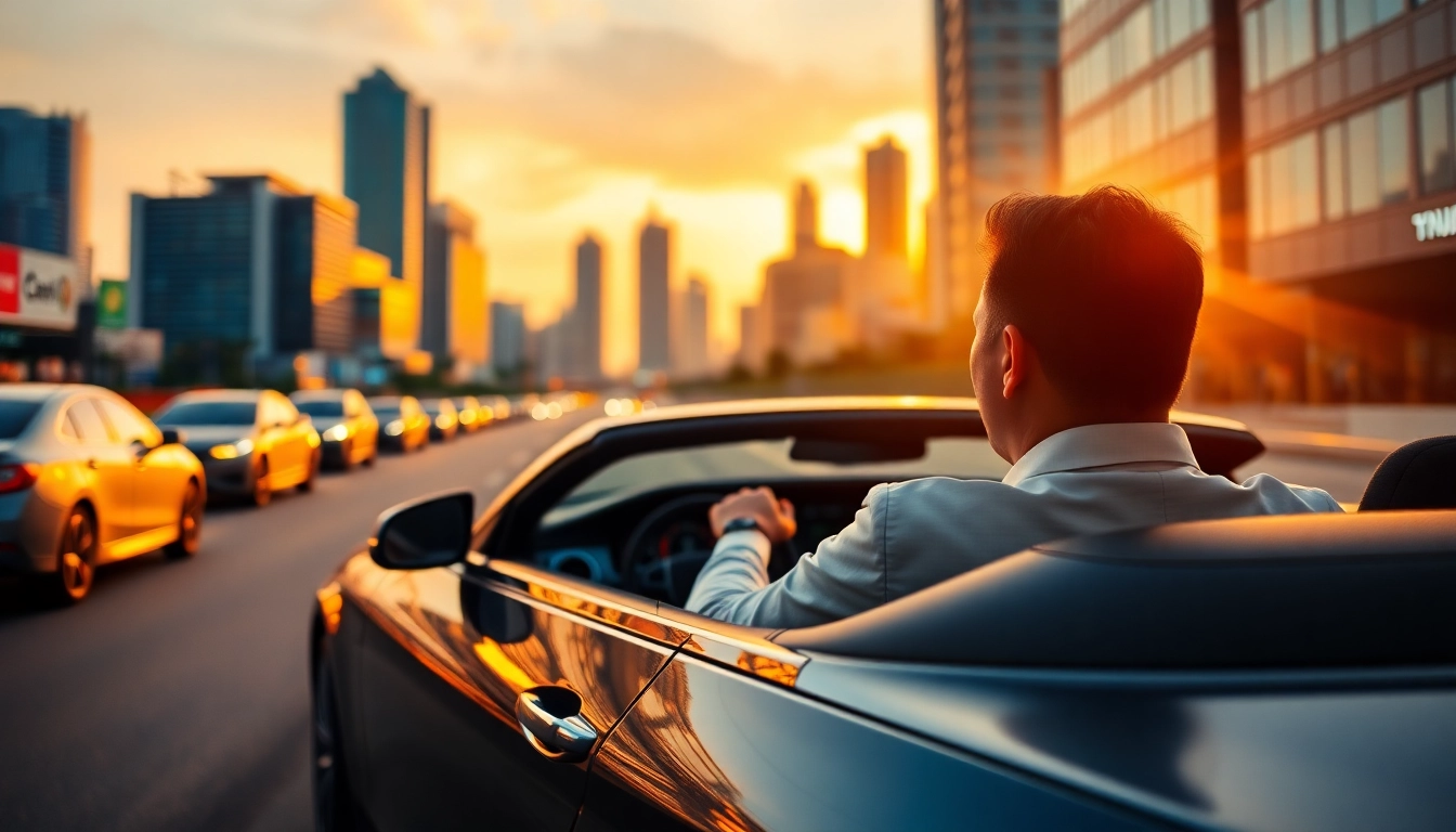 Experience a luxury hire car with driver Manila, featuring a sleek vehicle against the vibrant city backdrop.