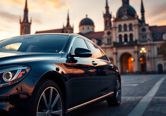 Experience professional driver hire Prague with a luxury vehicle in front of an iconic Prague site.