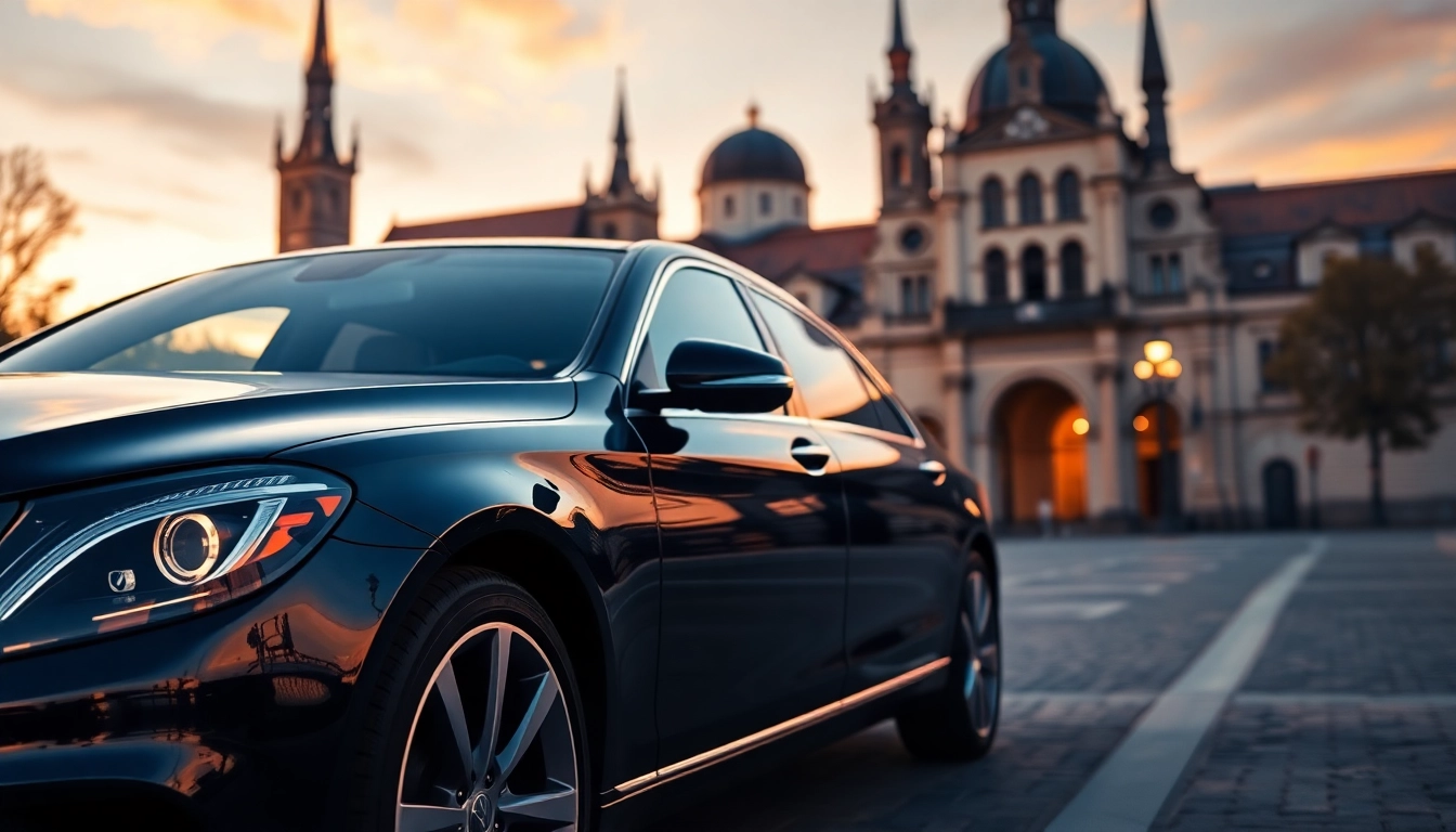 Experience professional driver hire Prague with a luxury vehicle in front of an iconic Prague site.