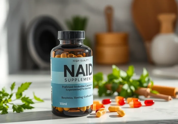 Boost your energy with an NAD Supplement bottle surrounded by vibrant capsules and herbs.