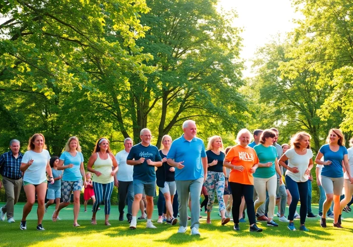 Engage in health and wellness activities with a diverse community in a vibrant outdoor setting.