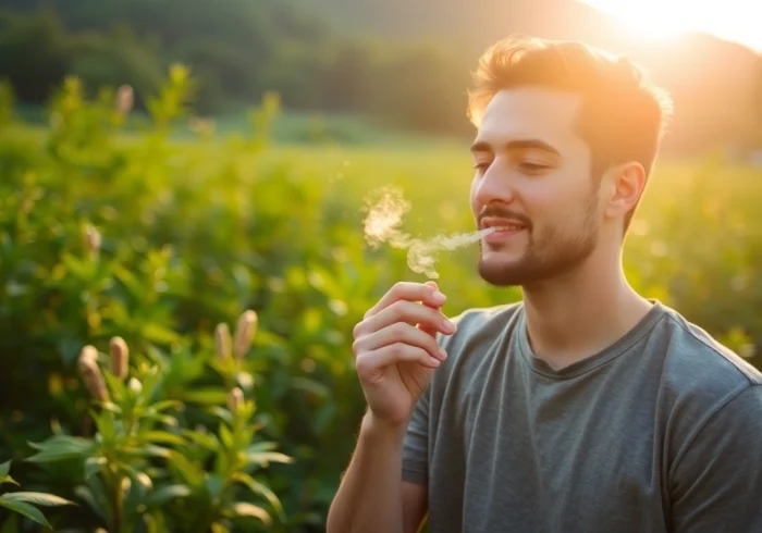 Tobacco Replacement: A person enjoying herbal alternatives in a tranquil outdoor setting surrounded by greenery.