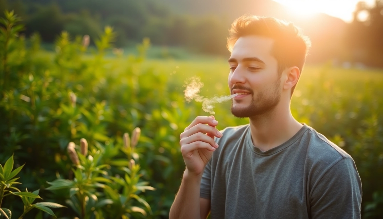 Tobacco Replacement: A person enjoying herbal alternatives in a tranquil outdoor setting surrounded by greenery.