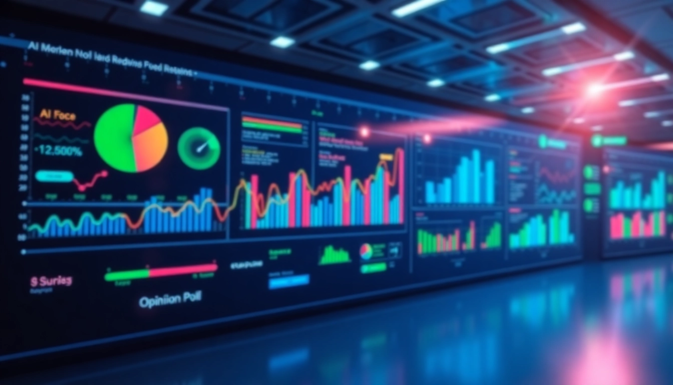 Visualize an AI Opinion poll with vibrant charts representing diverse public sentiments and trends.