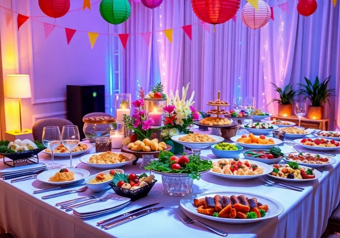 The elegant setup of a Partyservice Berlin table featuring festive decorations and gourmet dishes.