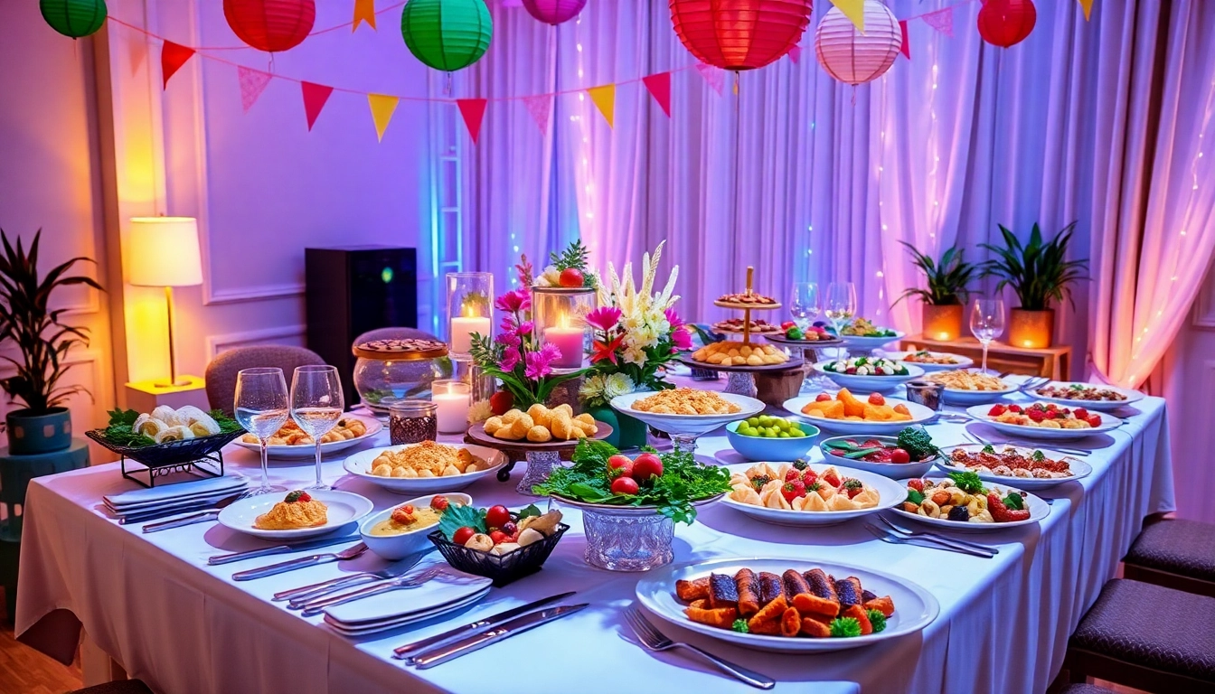 The elegant setup of a Partyservice Berlin table featuring festive decorations and gourmet dishes.