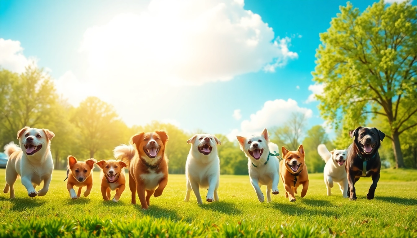 Engage with joyful dogs at Kate's K9 Pet Care, highlighting their playful nature in a sunny park.