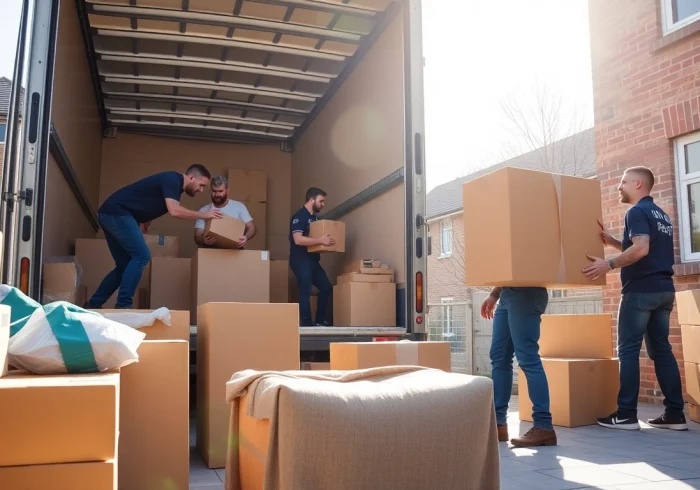 Efficient removal companies Keighley team packing furniture professionally in a bright setting.