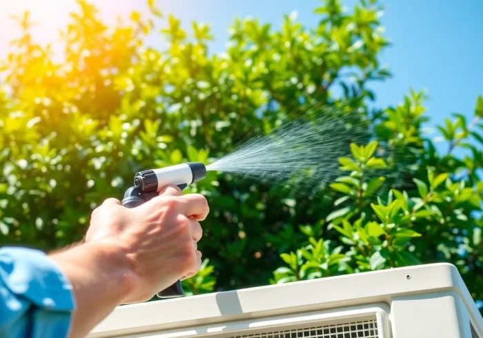 Person demonstrating how to clean AC condenser with water and a spray nozzle under sunlight.