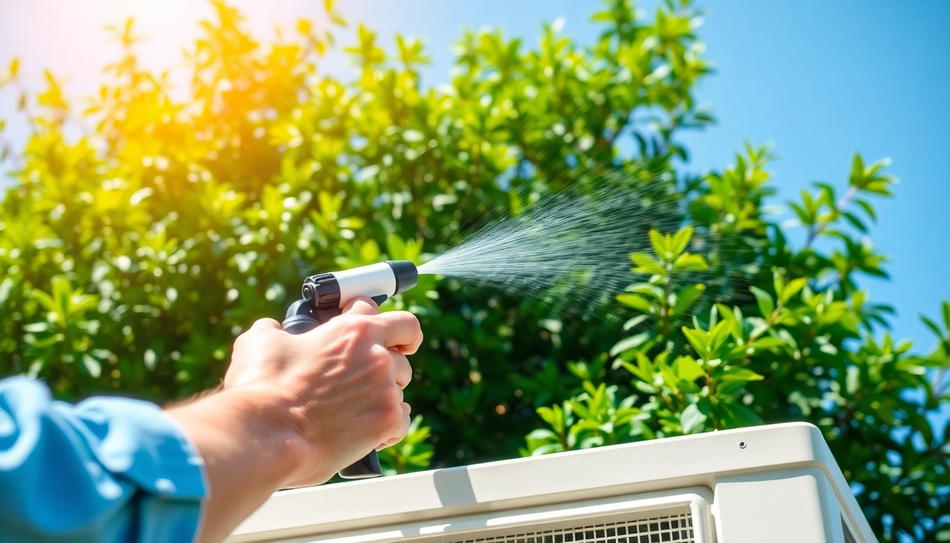 Person demonstrating how to clean AC condenser with water and a spray nozzle under sunlight.