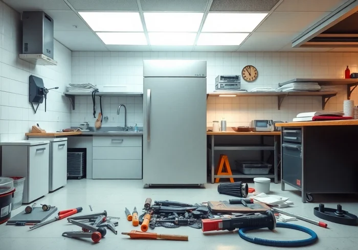 Technician performs chef base repair on a refrigerator, showcasing efficient tools and workspace.