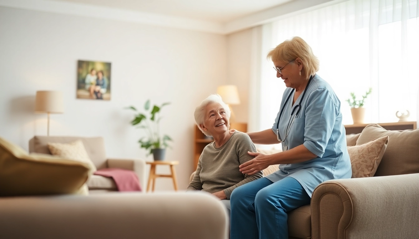 Senior enjoying a Home care package with a caregiver in a cozy living space.
