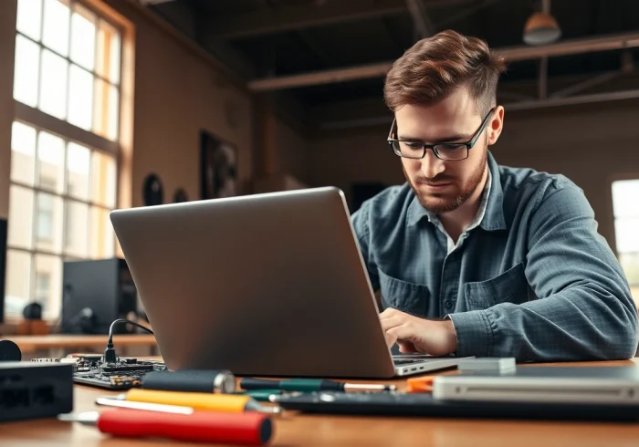 Riparazione computer settimo torinese con un tecnico al lavoro su un laptop.